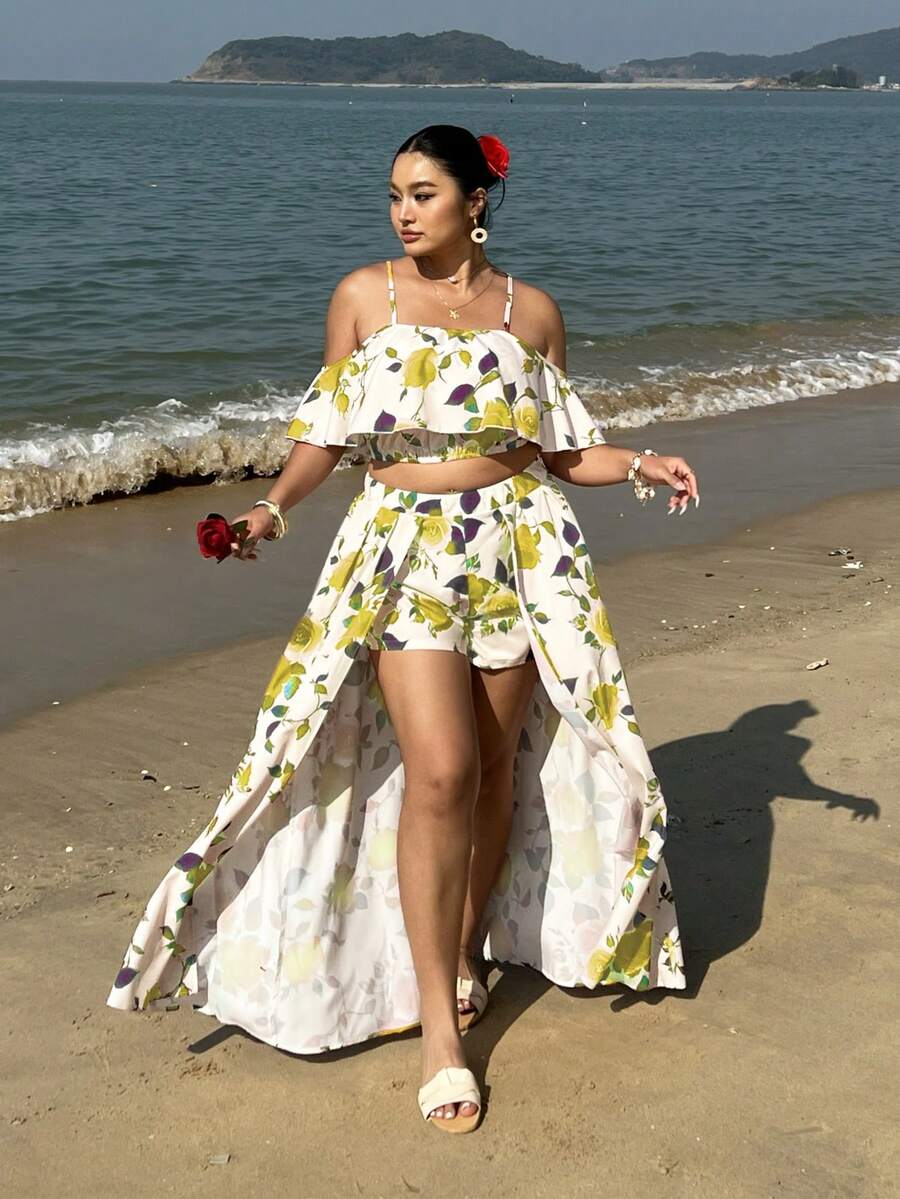 Sunnyshic Bộ đồ 2 món cỡ lớn in họa tiết hoa, áo hai dây và quần short, trang phục thường ngày cho kỳ nghỉ lễ Phục sinh. - Vàng nhạt - Xem 1