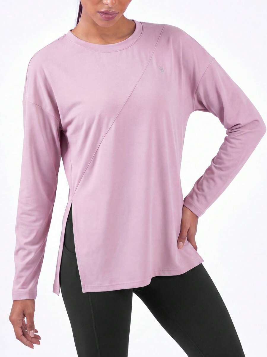 SHEIN BASICS 女款圓領長袖印花休閒戶外T恤開衩素色T恤登山女裝運動衫 - 粉色 - 查看 1