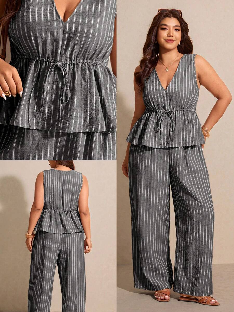 Elaquor Bộ 2 món size lớn áo sơ mi không tay dáng chữ A kẻ sọc và quần ống đứng phong cách thường ngày đi du lịch - Màu xám đen - Xem 1