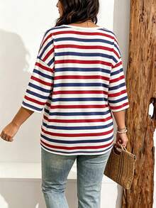 EMERY ROSE Plus Size Women Casual Striped Print Drop Shoulder T-Shirt, Suitable For Summer Wear - Multicolor - View 2