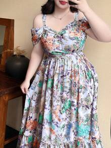 Vibekara Plus Size Women's Summer Beach Tea Party Vacation Floral Print Off-Shoulder Ruffle Hem Dress White Boho - Mint Green - View 1