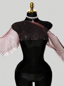 SHEIN Unity Top corto de mujer con aplicaciones de diamante de imitación y diseño de red, adecuado para atuendos de fiesta y vacaciones - Burdeos - Ver 5