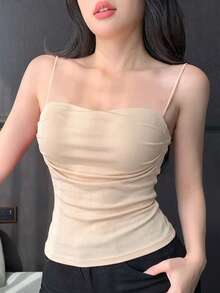 DAZY 内置衬垫褶皱设计修身吊带背心 - 杏色 - 查看 6