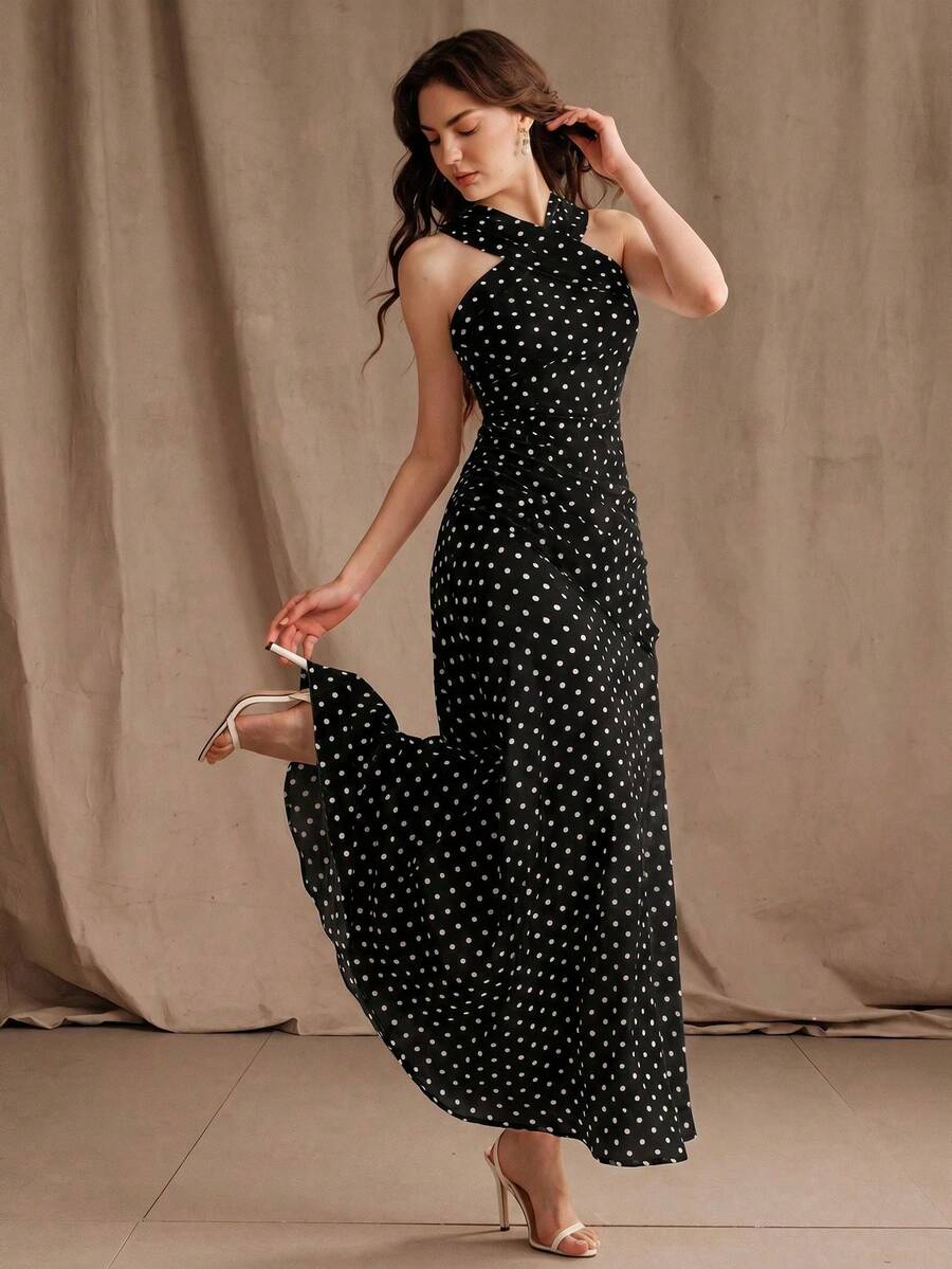 Anewsta 新款春夏優雅時尚度假/婚禮賓客性感露肩波點掛脖長洋裝女款