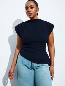 Maija Plus Size Summer Fashion Solid Color Wide Shoulder Asymmetric Hem Tank Top - Navy Blue - View 1