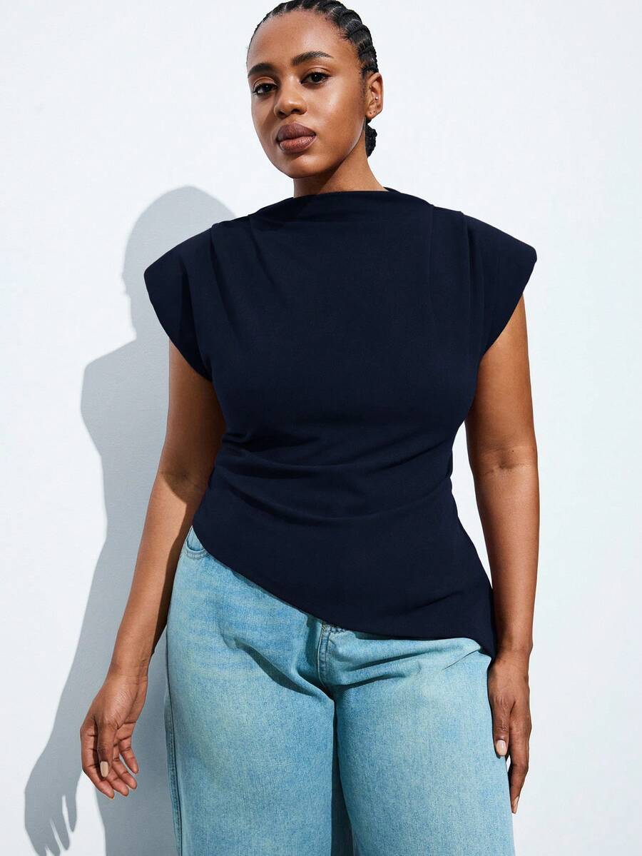 Maija Plus Size Summer Fashion Solid Color Wide Shoulder Asymmetric Hem Tank Top - Navy Blue - View 1