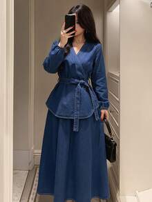 DAZY Women's Elegant Solid Color V-Neck Belted Shirt And A-Line Skirt 2-Piece Set, Spring/Summer - Blue - View 3