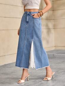Selenza Women's Retro Casual Loose Lace Trim Denim A-Line Skirt - Light Wash - View 3