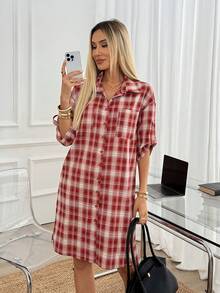 Easowa Women's Plaid Single-Breasted Casual Business Graduation Party Everyday Golf Office Midi Dress Back-To-School Red And White Plaid Summer 4th Of July - Red and White - View 2