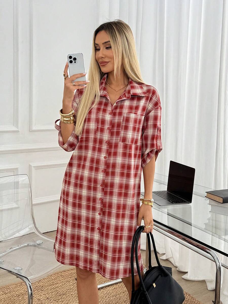 Easowa Women's Plaid Single-Breasted Casual Business Graduation Party Everyday Golf Office Midi Dress Back-To-School Red And White Plaid Summer 4th Of July