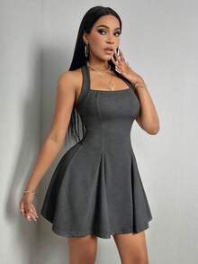 VaVaBold Women's Summer Minimalist Solid Color Backless Halter Neck Short Dress - Dark Grey - View 7
