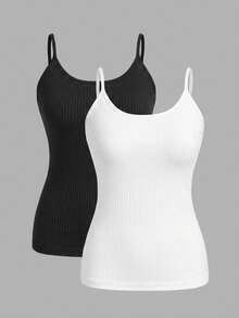Comfortcana Plus Size Women's Black White 2 Pieces Casual Camisole Set, Suitable For Summer Holiday - Multicolor - View 8