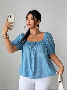 Elenzga Camisa smock con efecto de mezclilla y cuello cuadrado para tallas grandes - Azul - Ver 5