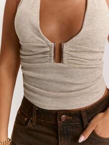 SHEIN BAE Women's White Summer Sexy Chic Club Golf Night Metal Button Backless Camisole Textured Knit Top Party Outgoing Cashmere Sweater Cute Top - Brown - View 8