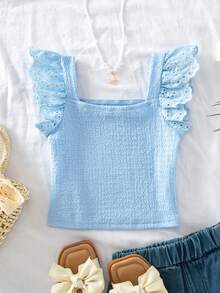 SHEIN 少女條紋方領短袖針織上衣，荷葉邊鏤空紋理短版T恤 - 藍色 - 查看 4
