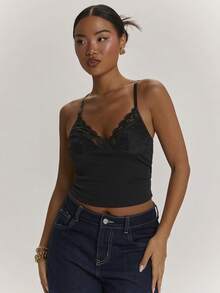 SHEIN BAE Women's Contrast Lace Fitted Camisole Everyday Black Summer Casual Sexy Night Out Date Night - Black - View 5