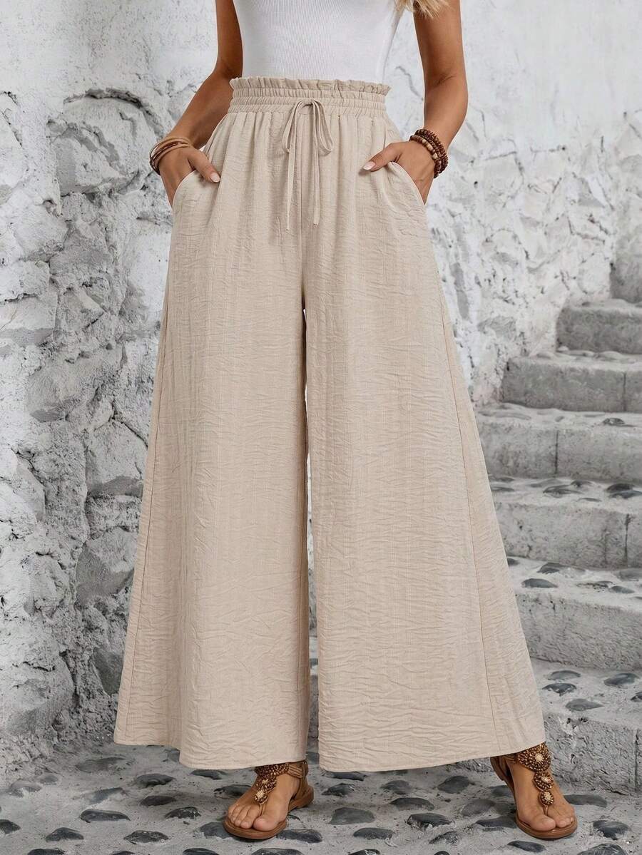EMERY ROSE Women's Wide Leg Pants With Elastic Waistband, Casual, Vacation, Holiday Beach - Apricot - View 1