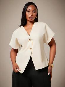 SHEIN SXY Plus Size Women V-Neck Single-Breasted Casual Versatile Daily Wear Short Sleeve Shirt - Apricot - View 8