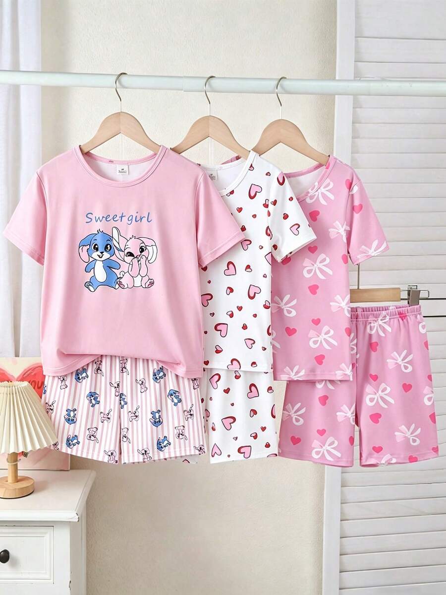2件組青少年女孩淡粉色夏季可愛圖案居家睡衣套裝,卡通兔子愛心蝴蝶結印花短袖針織家居服 - 粉色 - 查看 1