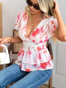 RosyDaze French Elegant Rose Print V-Neck Flutter Sleeve Blouse - Summer Waist-Cinched Slim Double Ruffle Hem Top Vacation White Floral - Pink - View 7
