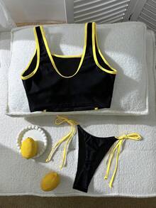 SHEIN Swim Women's Casual Vacation Brazil Letter Print Bikini Set, Spring/Summer - Black - View 2