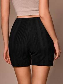 Lazeform Solid Color Minimalist Casual Brushed Ribbed Slim Fit Women Shorts, Suitable For Loungewear Or Outerwear Home Black Summer - Black - View 2