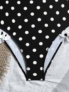 Swim Mod 2026 Spring/Summer New Polka Dot Contrast Color Frill Trim One-Piece Swimsuit For Women - Black and White - View 4