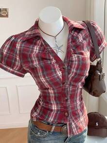 Comfortcana Women's Red Striped Short Puff Sleeve Single-Breasted Casual Shirt, Summer Clothing - Red - View 4