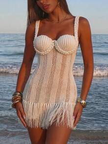 Soleia Shell-Shaped Bustier Tassel Hem Spaghetti Strap Bodycon Mini Dress, Bohemian, Boho, Vacation, Suitable For Valentine's Day Date, Spring/Summer - Apricot - View 1