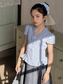 DAZY V領鈕扣可愛荷葉邊設計短袖女童上衣 夏季 - 藍色 - 查看 2
