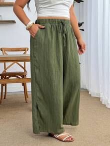 Enliva Plus Size Loose Fit Pocket Drawstring Side Slit Cuffed Casual Pants, For Apple And Rounded Body Shape Gym Brown Autumn - Green - View 3