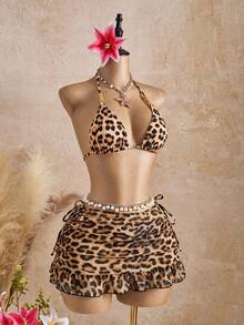 Bellisia 3pcs Set Leopard & Floral Random Print Triangle Halter Frill Trim Women Swimwear - Multicolor - View 4