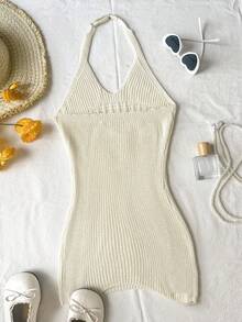 SHEIN Vestido de cobertura para niña preadolescente de unicolor con cuello halter y diseño calado - Albaricoque - Ver 2