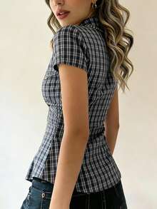 EMERY ROSE Light Yellow Fine Plaid Collared Short Sleeve Shirt - Dark Grey - View 2