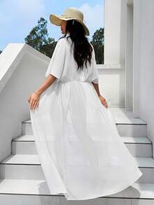 Breezaya Kimono Panjang Kasual Liburan Warna Polos dengan Tali Pengikat - Putih - View 1