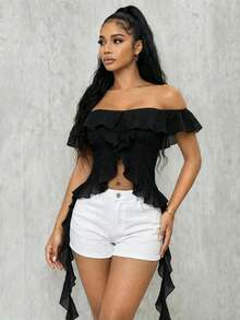 Eryvara Women's Off-Shoulder Top, Sexy Vacation Style, Textured Fabric Design With Ruffle Hem - Black - View 3