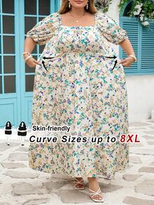 SHEIN CURVE+ Curve 加大码 US22 音乐节、海滨度假、波西米亚风 CURVE PLUS // 女士紫色短袖休闲抽绳腰身优雅连衣裙，适合婚礼宾客、春夏穿着。这款紫色连衣裙优雅迷人，适合日常、外出、约会、下午茶、度假等各种场合。浪漫甜美连衣裙 - 杏色 - 查看 9