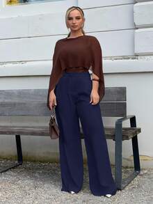 Jeta Ari Pantalones anchos de pierna ancha de color azul marino minimalistas y elegantes, adecuados para el transporte, pantalones anchos de pierna ancha de cintura alta de color azul marino y pantalones de traje de color azul marino para otoño e invierno. - Azul Marino - Ver 1