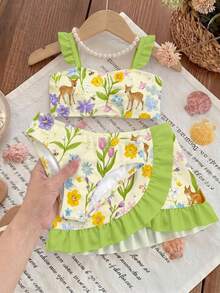 Serie Verde de Ciervos & Ardillas, Conjuntos de Flores Prensadas, Flores Silvestres Bohemias, Conjuntos Botánicos Vintage, Conjuntos de Naturaleza Floral Pastel, Conjunto de Traje de Baño de 3 Piezas con Volantes Impreso para Niñas Jóvenes de Jardín, Traje de Baño Infantil - Blanco - Ver 4