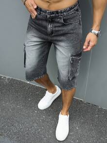 Manfinity Homme Pantalones cortos de mezclilla con bolsillos y botones, pierna ancha, hasta la rodilla, para hombres, vacaciones - Gris - Ver 5