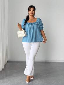 Elenzga Camisa smock con efecto de mezclilla y cuello cuadrado para tallas grandes - Azul - Ver 4
