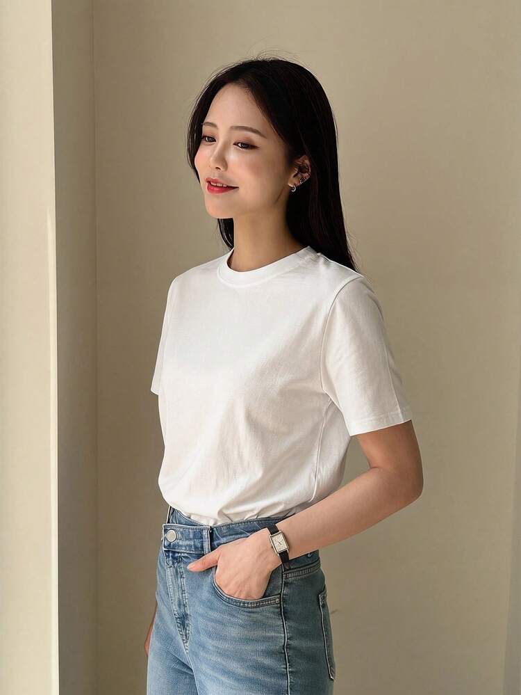 Women's Casual Solid Color Short Sleeve T-Shirt, Summer