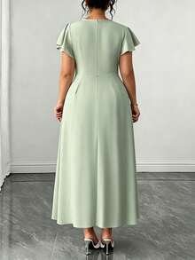 Elenzga Plus Size Solid Color Ruffle Collar Short Sleeve Dress, Summer - Green - View 2