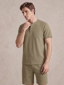 SHEIN Casual Spring Henry Collar Men's Loungewear Set - Khaki - View 3