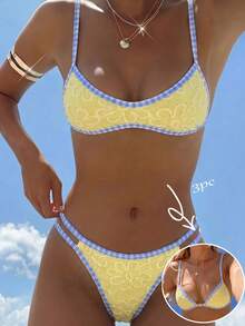 Swim Mod 3er Damen-Set aus gelbem Stoff mit blauem Karomuster, süßes, niedliches Badeanzug-Set für Strandurlaub - Verschiedenfarbig - Übersicht 2