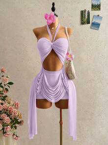 Mistrie Vestido halter con escote sexy para mujer, renacimiento Y2K, estilo dulce y picante, tela transparente, vestido con hombros descubiertos, vestido halter, diseño sexy con recortes, tela de gasa transparente, look de vacaciones, moda 2026, | Ropa, diseño asimétrico con flecos, adecuado para vestido de vacaciones en la playa - Morado - Ver 1