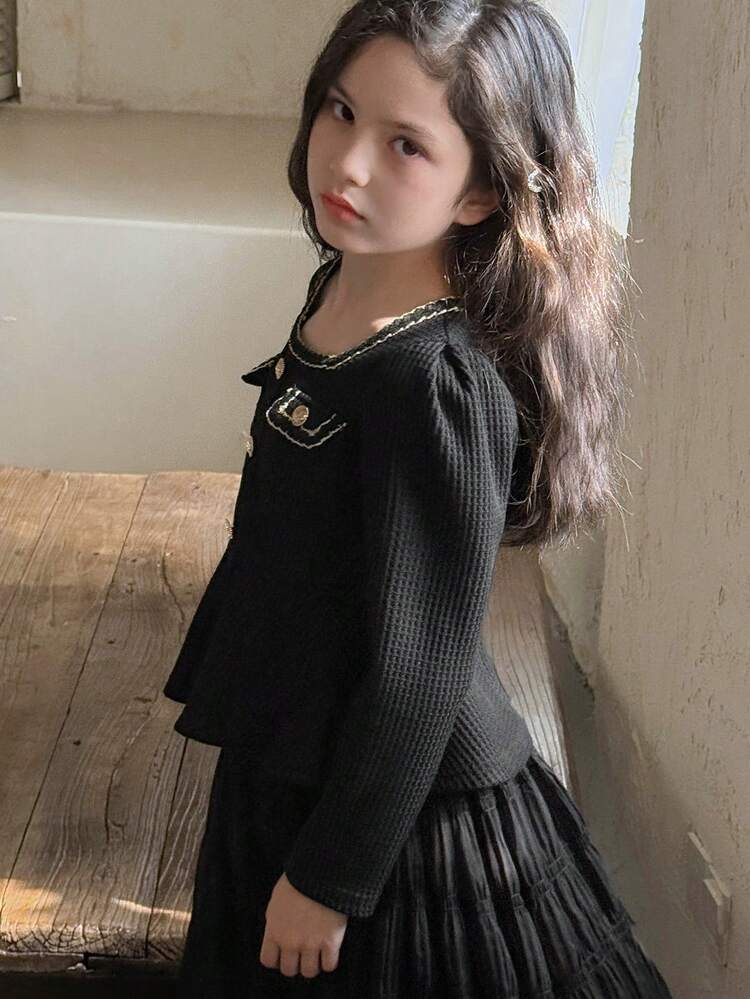 Tween Girl Contrast Trim Waist Flared Hem Long Sleeve Shirt