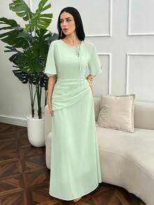 Modelyn Vestido acampanado con cintura fruncida y vientre oculto para mujer - Verde - Ver 3
