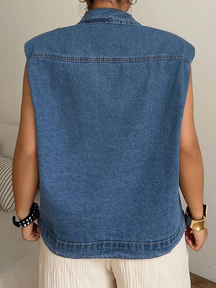 Dazy Plus Washed Blue Lapel Sleeveless Open Front Loose Casual Denim Top, Plus Size For Women, Spring/Summer