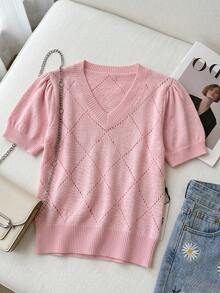 SHEIN Áo dệt kim nữ cổ V tay ngắn dáng rộng họa tiết quả trám đục lỗ màu hồng, áo dệt kim xuân hè, áo mùa hè, quần áo mùa hè, trang phục mùa hè nữ, lễ hội tháng 6, áo đi chơi nữ, trang phục đi chơi, áo thường ngày nữ, áo màu hồng, áo dệt kim đục lỗ, áo họa tiết quả trám đục lỗ - Hồng - Xem 5
